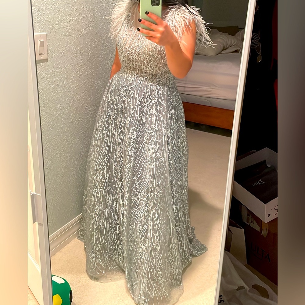 MAC DUGGAL CRYSTAL LACE FEATHER SLEEVE A-LINE GOWN